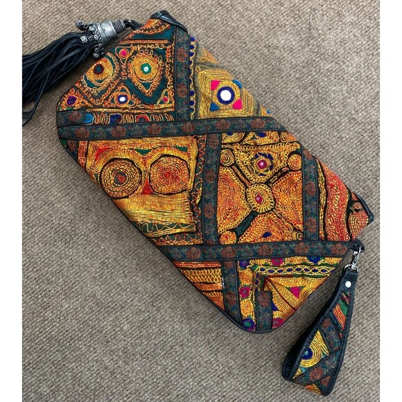 Boho Princess Bag Purse Clutch Embroidered Embellished Lined Wristlet - Picture 6 of 8